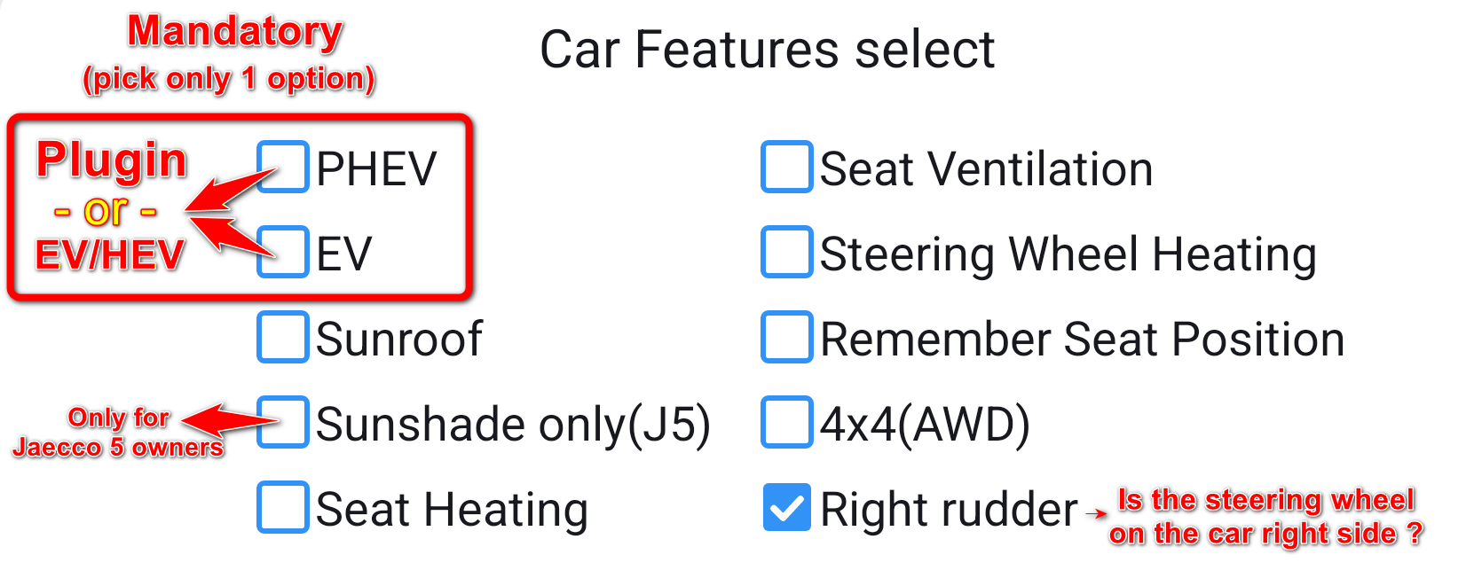 Vehicle feature selection window on the car screen